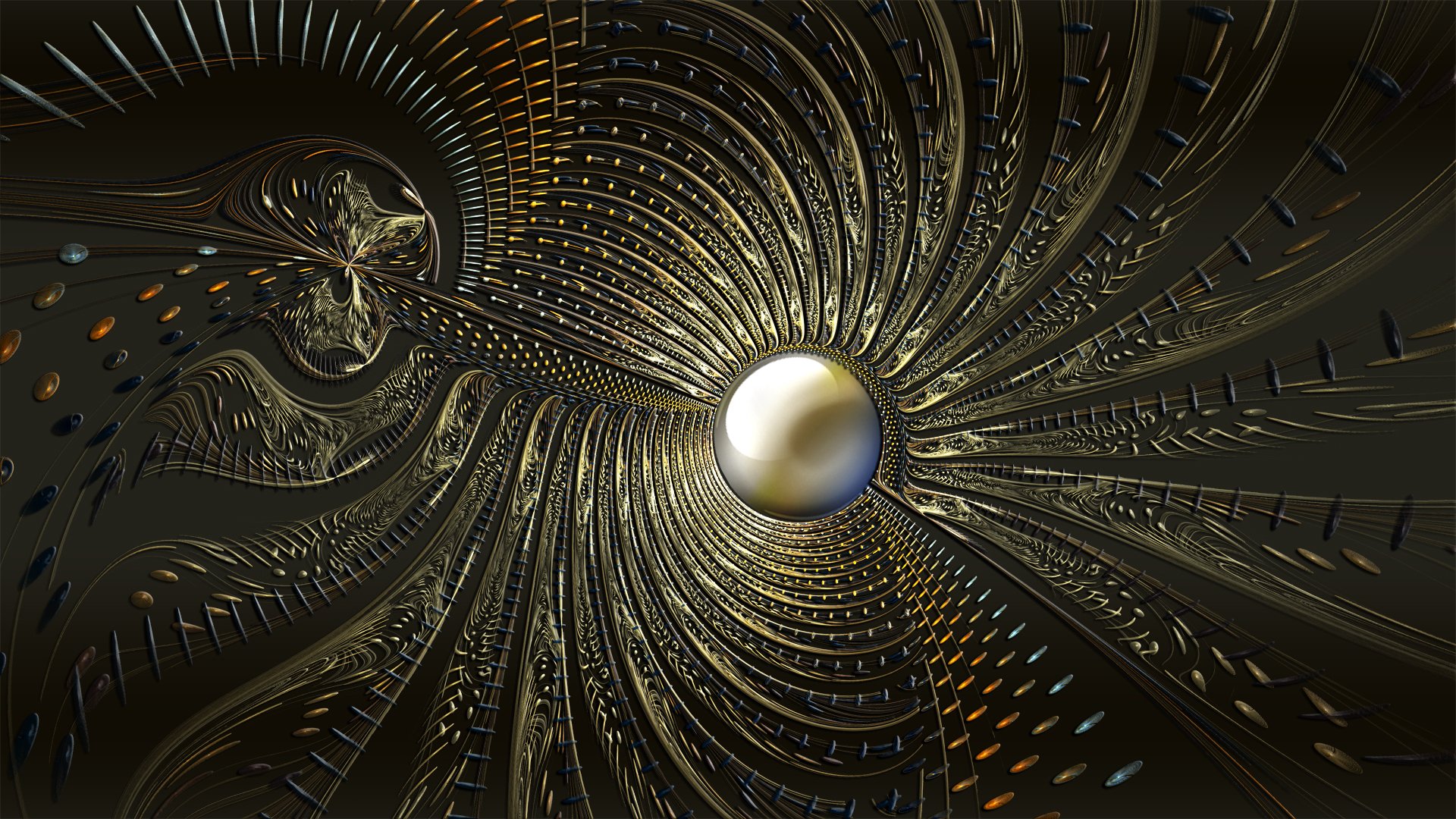 Abstract fractal design featuring a central gold and silver ball surrounded by intricate metallic patterns, rendered in HD for a striking PC desktop wallpaper.