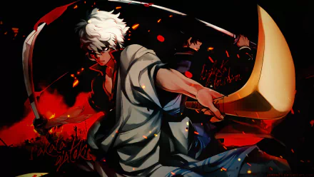 Gintoki Sakata from the anime Gintama is depicted in a dynamic pose, wielding a large scythe with a dramatic, fiery background, showcased as a HD PC desktop wallpaper.
