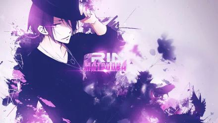 HD anime desktop wallpaper of Rin Matsuoka (Free!) tipping a cap, dressed in dark clothing amid purple-pink abstract splashes and smoke, with a stylized RIN MATSUOKA logo.