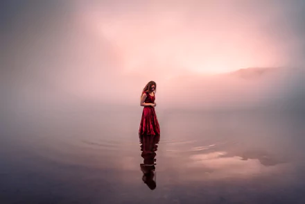 A woman in a red dress stands alone outdoors, her reflection visible on the calm water, creating a serene and moody atmosphere in this HD desktop wallpaper.