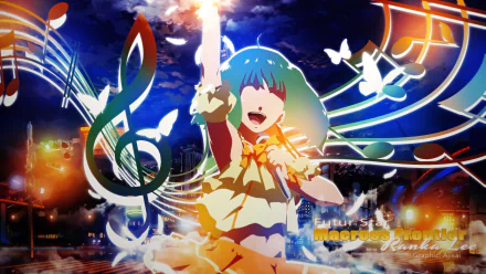 HD PC desktop wallpaper and background from Macross Frontier: a joyful teal‑haired anime heroine sings amid glowing musical notes, butterflies, and a vibrant night cityscape.