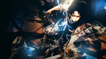 Dynamic HD wallpaper featuring Levi Ackerman from the anime Attack on Titan, showcasing his intense expression and action-packed pose amidst a dramatic background.