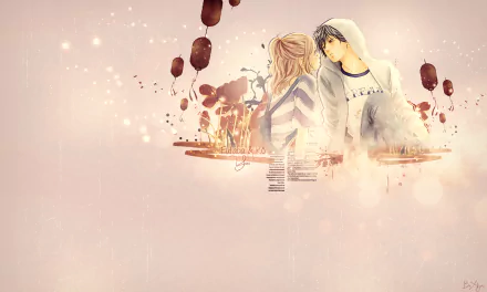 AHD wallpaper featuring Kou Mabuchi and Futaba Yoshioka from the anime Ao Haru Ride, showcasing a dreamy background with soft colors and artistic elements.