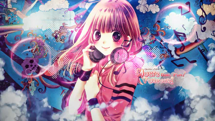 HD anime original desktop wallpaper featuring a vibrant girl with headphones surrounded by musical notes and clouds in a colorful, dynamic background.