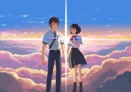 Mitsuha Miyamizu and Taki Tachibana stand together against a stunning cloud-filled sky, featured in this HD wallpaper from the anime Your Name.