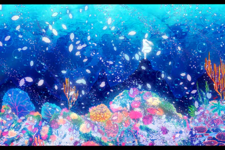 HD PC desktop wallpaper featuring vibrant underwater anime art inspired by Hatsune Miku and Vocaloid, with glowing corals and floating petals in a deep blue sea.