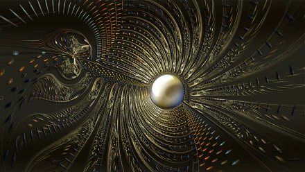 Abstract fractal design featuring a central gold and silver ball surrounded by intricate metallic patterns, rendered in HD for a striking PC desktop wallpaper.
