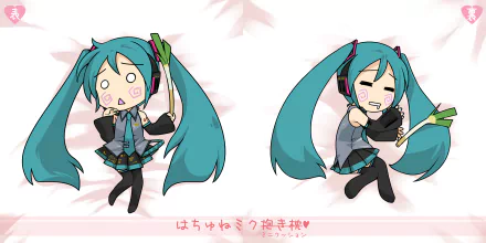 HD PC desktop wallpaper featuring chibi-style Hatsune Miku from Vocaloid in two cute, playful anime poses with teal twin tails and her signature outfit.