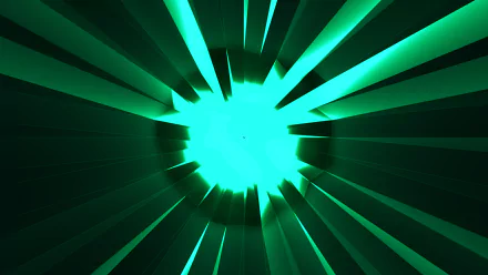 Abstract green radial burst with a bright cyan core and dark geometric shards — HD PC desktop wallpaper background