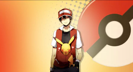 HD PC desktop wallpaper featuring Red from Pokémon with Pikachu on his chest, set against a red and yellow background inspired by Pokémon: Red and Blue.