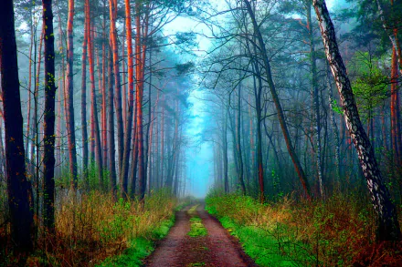 A serene dirt road meanders through a lush forest, surrounded by tall trees and mist. This HD desktop wallpaper captures nature's tranquil beauty.