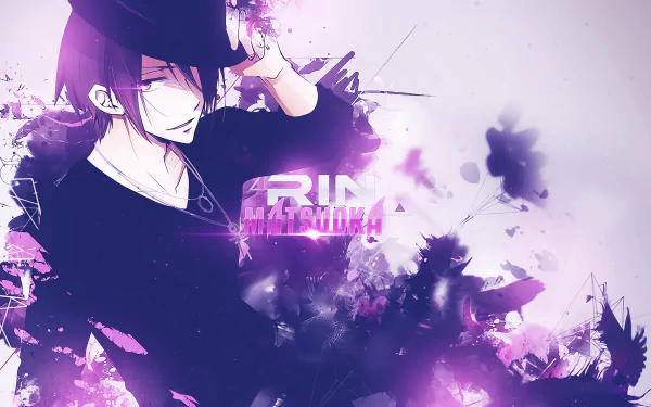 HD anime desktop wallpaper of Rin Matsuoka (Free!) tipping a cap, dressed in dark clothing amid purple-pink abstract splashes and smoke, with a stylized RIN MATSUOKA logo.
