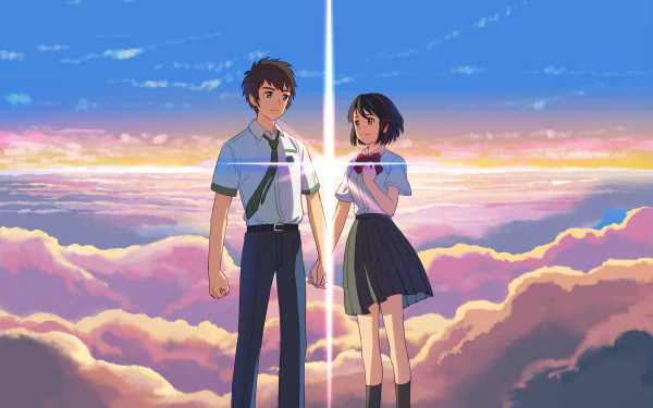 Mitsuha Miyamizu and Taki Tachibana stand together against a stunning cloud-filled sky, featured in this HD wallpaper from the anime Your Name.