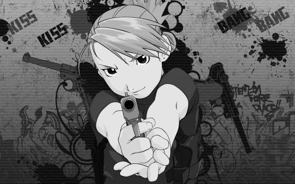 Dynamic black-and-white HD wallpaper featuring Riza Hawkeye from Fullmetal Alchemist, aiming a gun with an intense expression against a graffiti-style background.