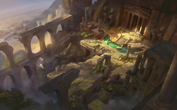 A fantastical scene depicting ancient ruins with grand columns, overgrown greenery, and remnants of a once-majestic structure, set against a mystical landscape. High-definition desktop wallpaper.