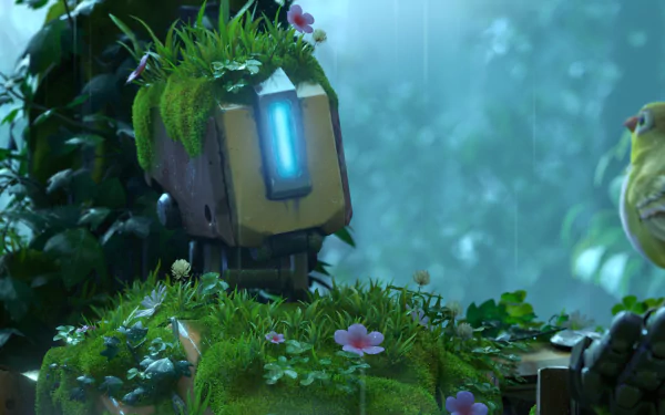 A vibrant HD desktop wallpaper featuring Bastion from Overwatch, adorned with lush greenery and flowers, set against a serene, misty background.