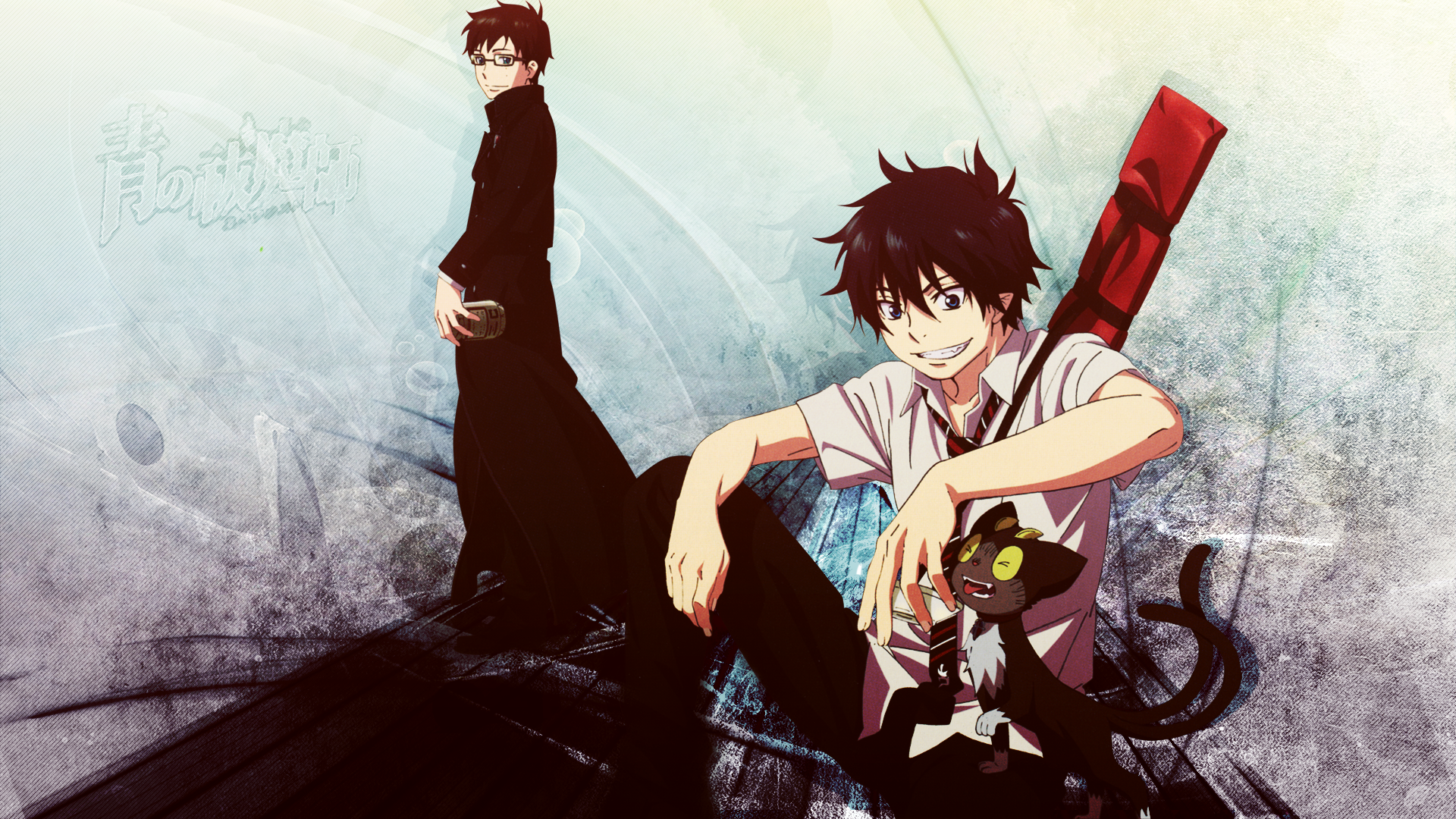 HD PC desktop wallpaper featuring characters from the anime Blue Exorcist, showcasing Rin Okumura with a black cat and Yukio Okumura standing in the background.