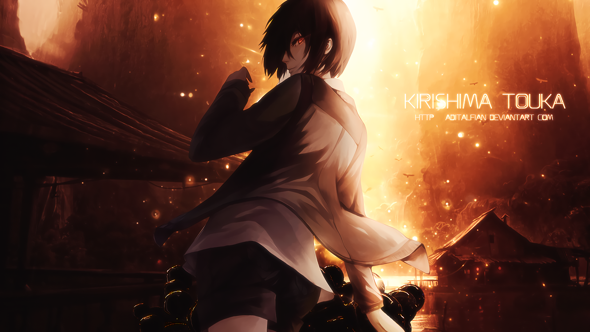 A striking HD wallpaper featuring Touka Kirishima from Tokyo Ghoul, poised dramatically against a vibrant, fiery background that enhances her intense presence.