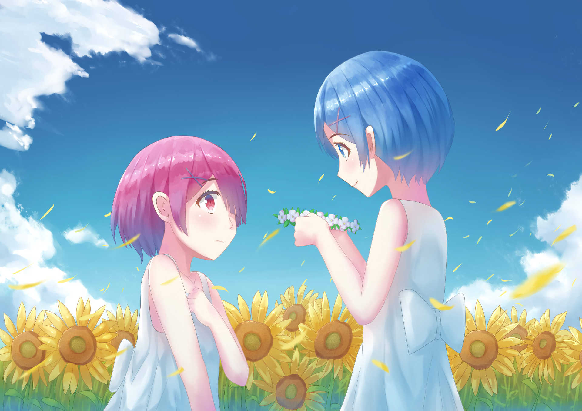 A vibrant HD wallpaper featuring Ram and Rem from Re:ZERO, surrounded by sunflowers and blue skies, capturing a moment of love between the two characters.