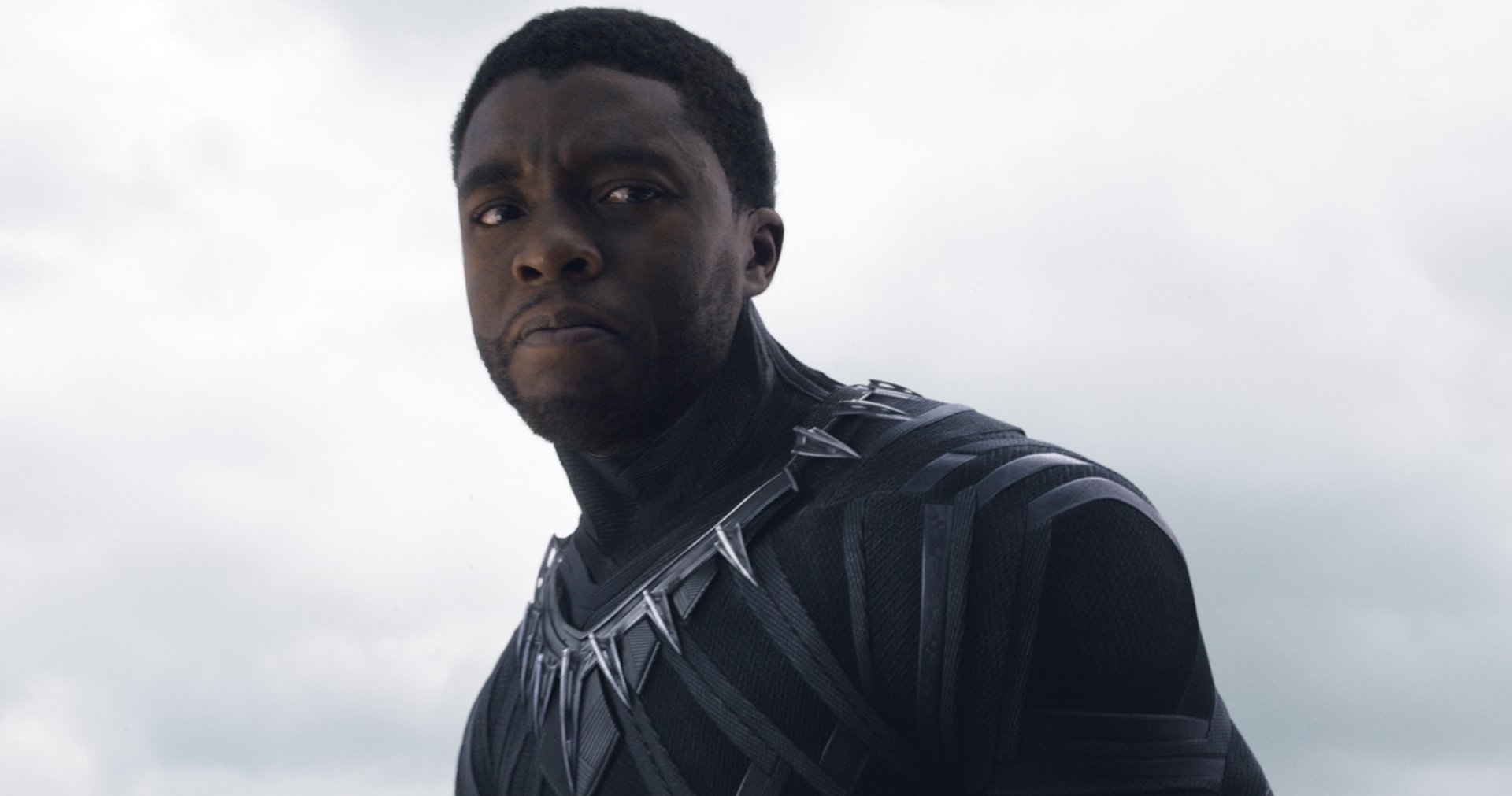 HD PC desktop wallpaper featuring a character from the movie Captain America: Civil War, showcasing a serious Black Panther in his iconic suit against a cloudy background.