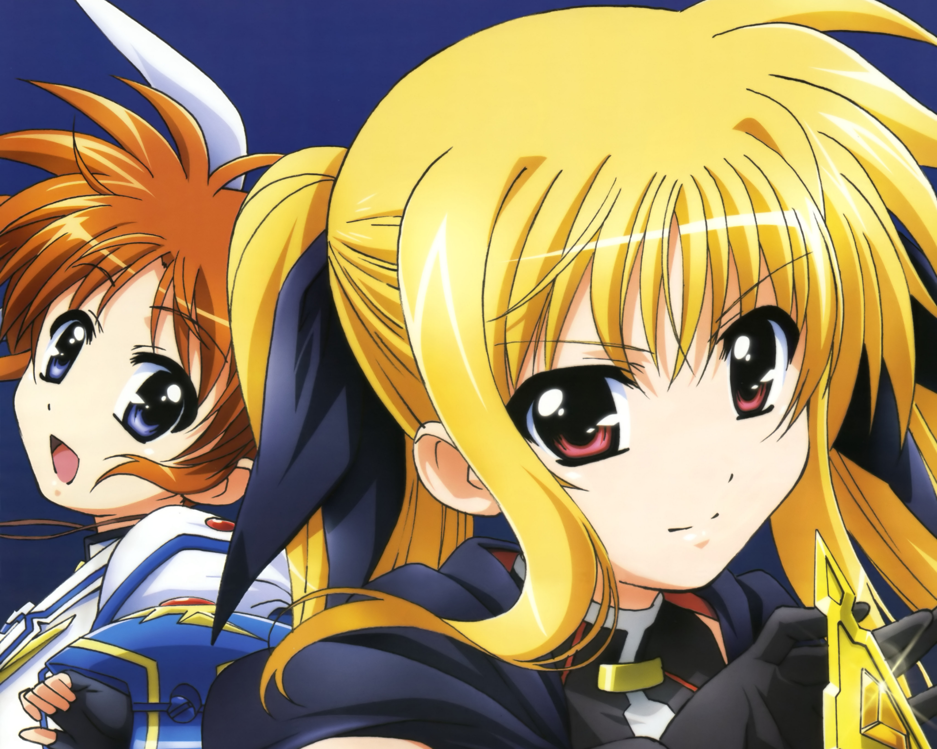 4K Ultra HD PC desktop wallpaper featuring anime characters from Magical Girl Lyrical Nanoha: close-up of a blonde and a brown-haired magical girl in navy-and-white outfits.