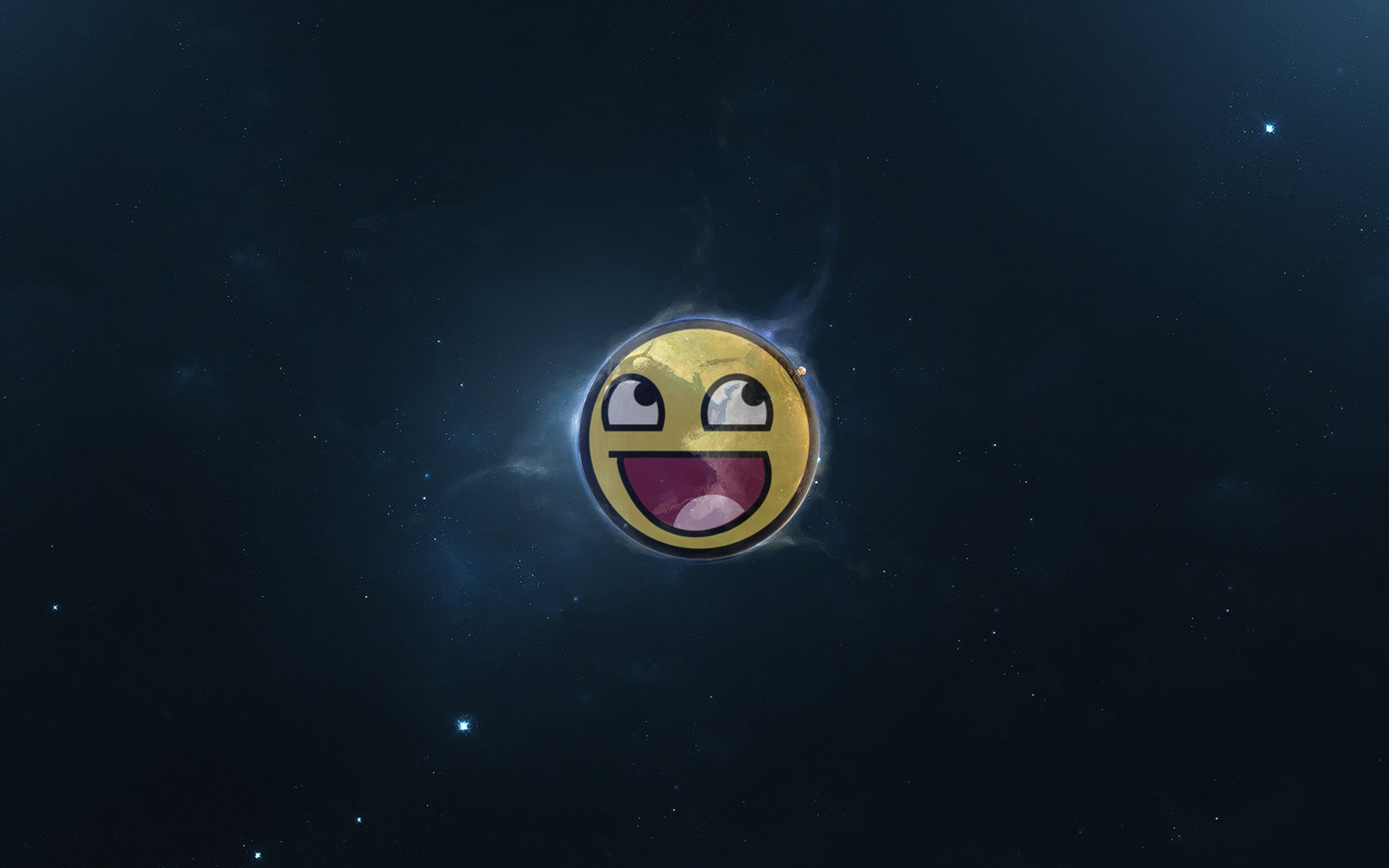 Funny, grinning smiley emoji glowing at the center of an HD PC desktop wallpaper and background set against a deep, starry space scene.
