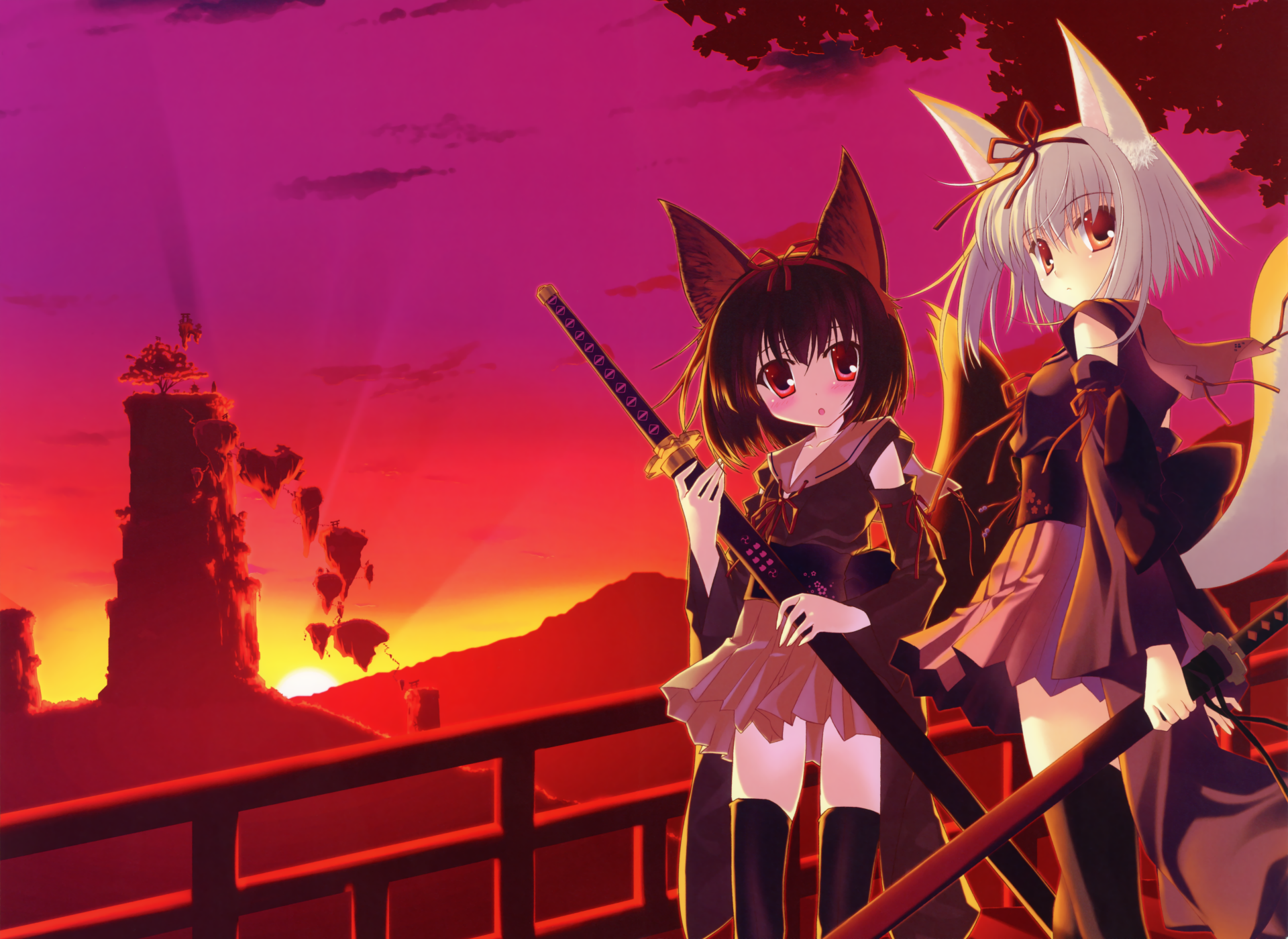 HD anime desktop wallpaper featuring an original design of two characters with cat ears and katanas, set against a vivid sunset background.
