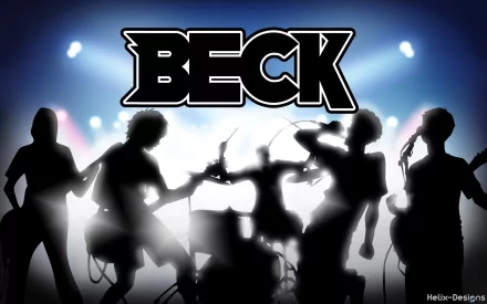 An HD anime-style wallpaper featuring the band Beck, showcasing silhouetted musicians performing against a vibrant, dynamic background.