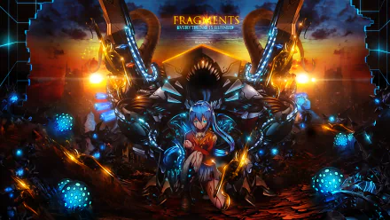 HD anime original desktop wallpaper featuring a blue-haired character surrounded by futuristic mechanical elements and glowing blue orbs in a dramatic sci-fi setting.