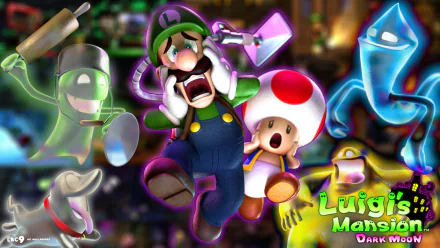 HD PC desktop wallpaper from the video game Luigi's Mansion features Luigi, Toad, and colorful ghosts in a spooky, vibrant scene.