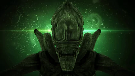 A detailed depiction of a xenomorph from the movie Alien: Covenant, set against a vibrant green background, showcasing its menacing design in stunning 4K Ultra HD quality.