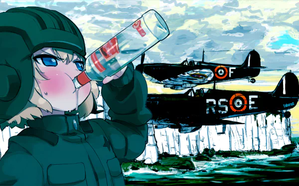 Anime-inspired HD wallpaper featuring a girl from Girls und Panzer, taking a drink while vintage planes fly in the background, creating a vibrant and dynamic scene.