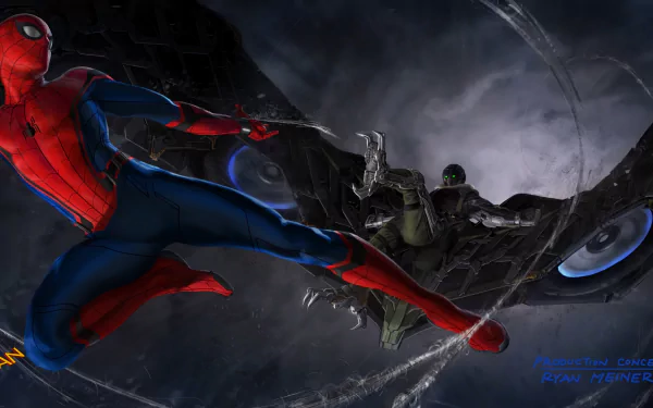 HD desktop wallpaper depicting Spider-Man in action against Vulture from the movie Spider-Man: Homecoming. The art highlights a dynamic mid-air battle scene between the superhero and villain.