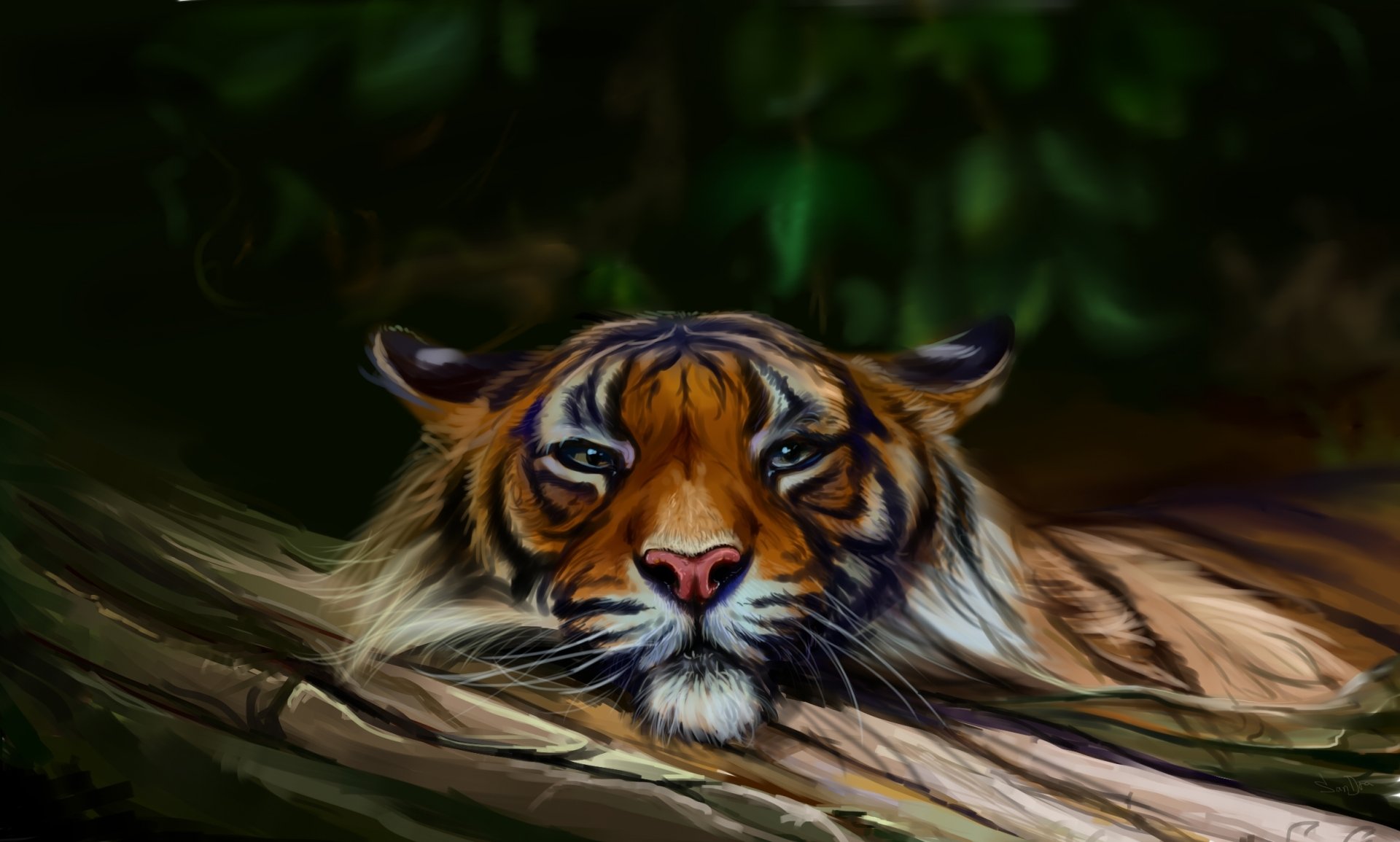 Artistic painting of a tiger's face resting on a log, rendered in high detail, creating a striking HD PC desktop wallpaper and background.