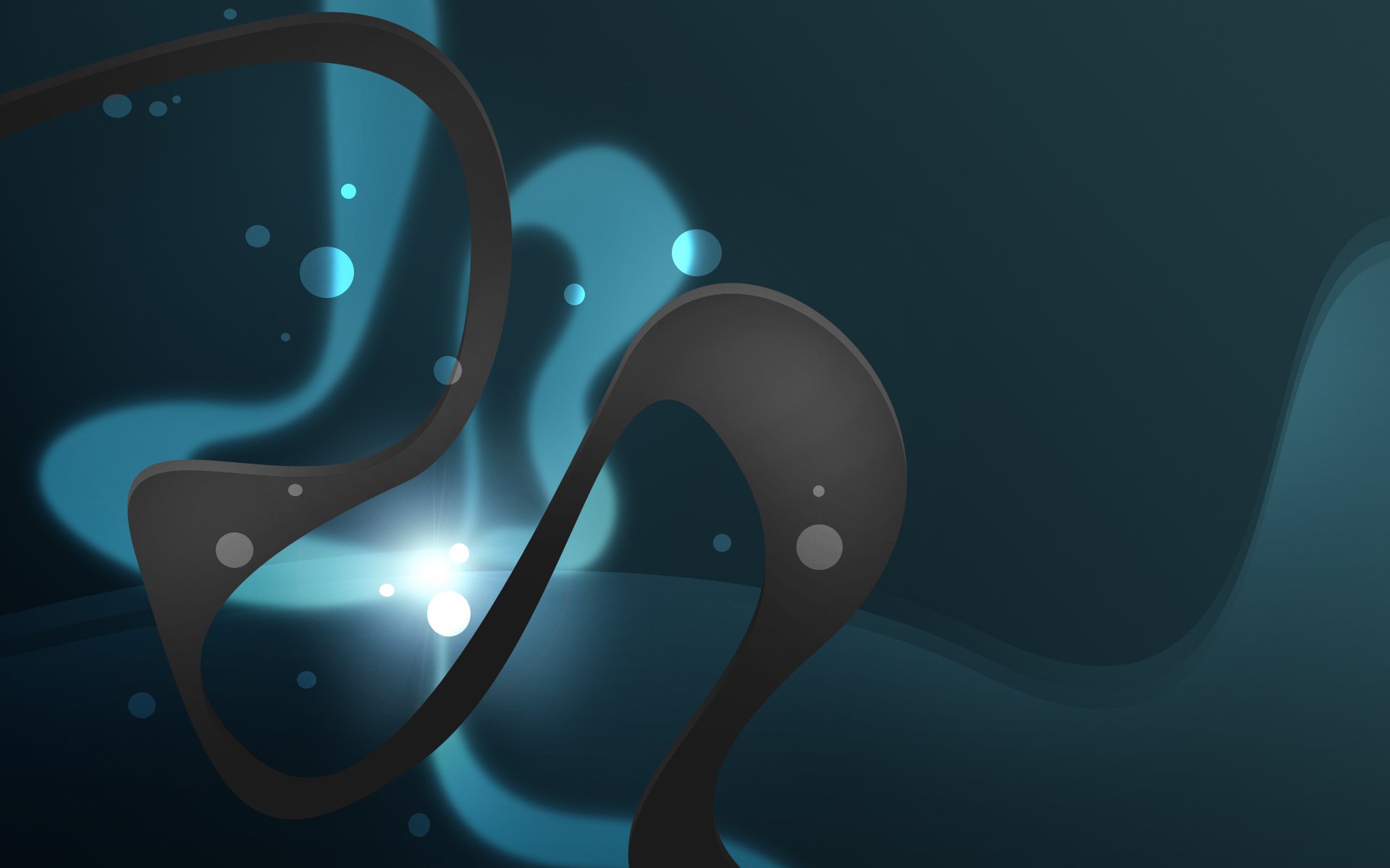 Artistic HD PC desktop wallpaper featuring abstract dark shapes and glowing blue light effects against a smooth, deep blue background.