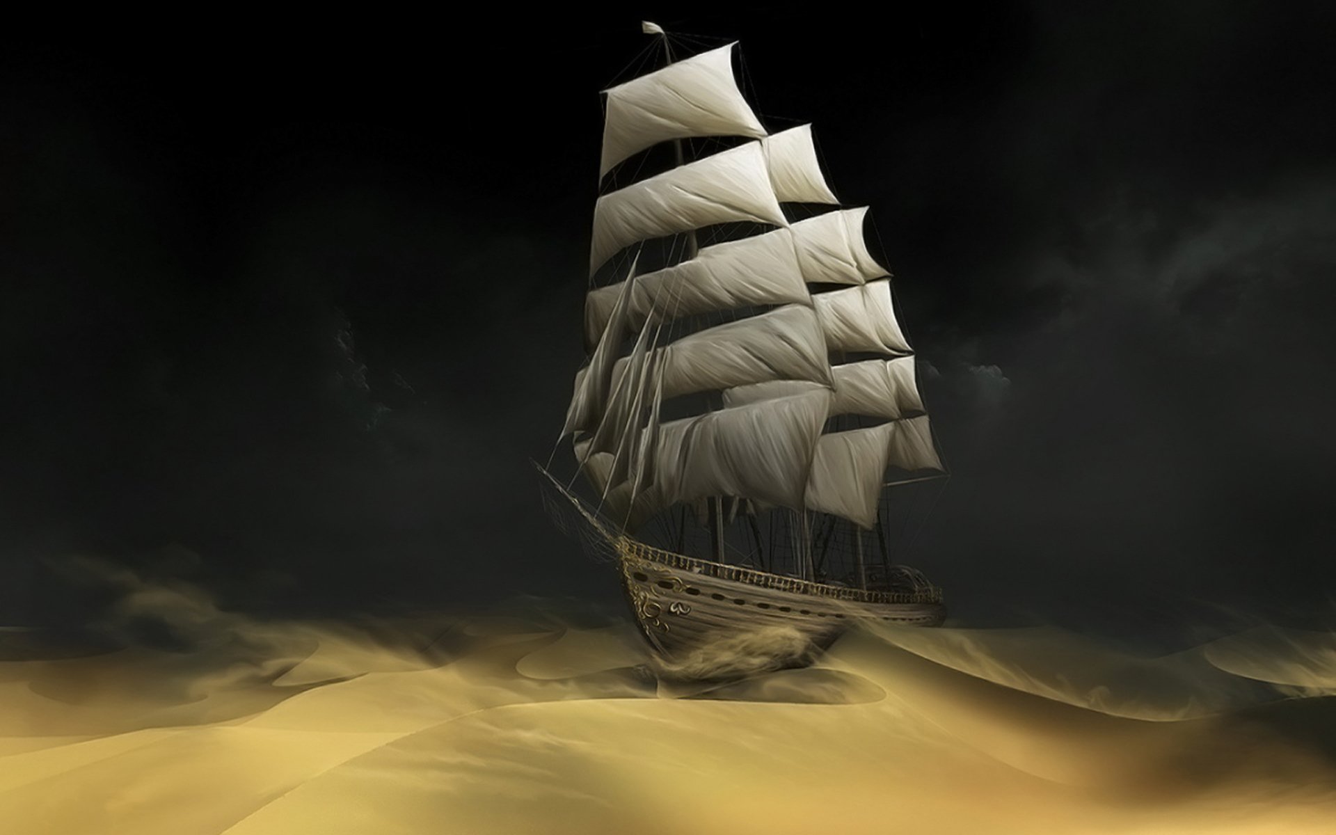 A fantasy ship sails through a surreal landscape of golden sand dunes under a dark sky. HD desktop wallpaper and background.