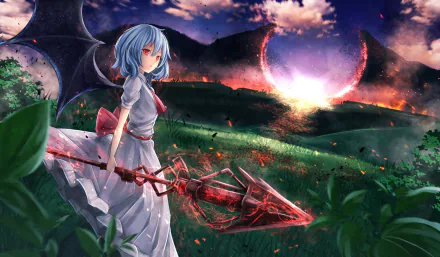 A dramatic anime scene features Remilia Scarlet, with blue short hair and red eyes, wielding a weapon against a vibrant landscape backdrop, showcasing her wings and a fiery sky.
