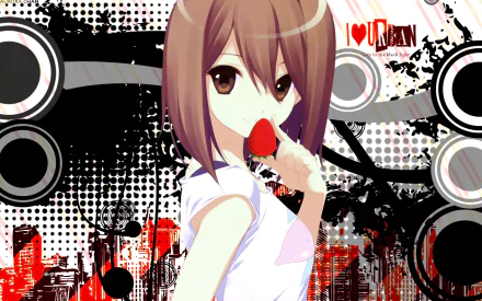 A vibrant HD wallpaper featuring Yui Hirasawa from the anime K-ON!, showcasing a dynamic urban backdrop with bold graphics and a playful pose.
