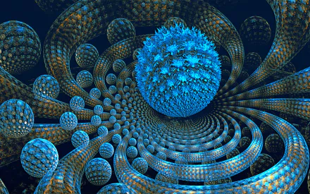 HD PC desktop wallpaper featuring an abstract blue fractal design with textured blue balls spiraling in a dynamic, cosmic pattern.
