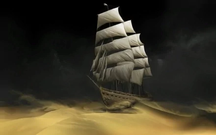A fantasy ship sails through a surreal landscape of golden sand dunes under a dark sky. HD desktop wallpaper and background.
