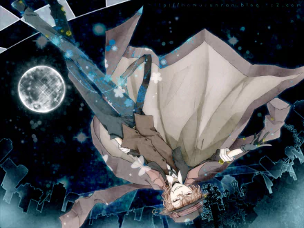 Chuuya Nakahara from the anime Bungou Stray Dogs is featured in this HD wallpaper, set against a dark, moonlit background with city silhouettes.