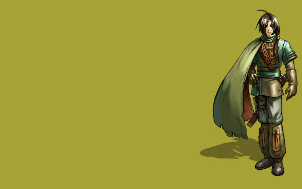 Golden Sun video game character stands at right on an olive-green HD PC desktop wallpaper background, cloak draped and shadow cast to the left.