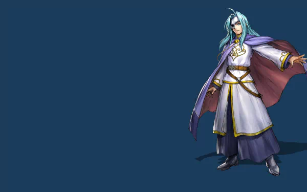HD PC desktop wallpaper from the Golden Sun video game: teal-haired mage in white and purple robes with a flowing cloak set against a deep blue background.