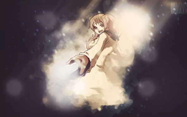 Nami from One Piece is featured in this captivating 4K Ultra HD desktop wallpaper, showcasing her vibrant character amidst a dreamy, ethereal backdrop.