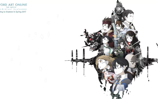 HD desktop wallpaper featuring characters from Sword Art Online Movie: Ordinal Scale arranged in a dynamic composition with a mix of white and black background elements.