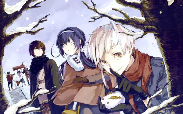 Anime-inspired HD desktop wallpaper featuring characters from Bungou Stray Dogs in a snowy landscape, capturing a moment of camaraderie and adventure.