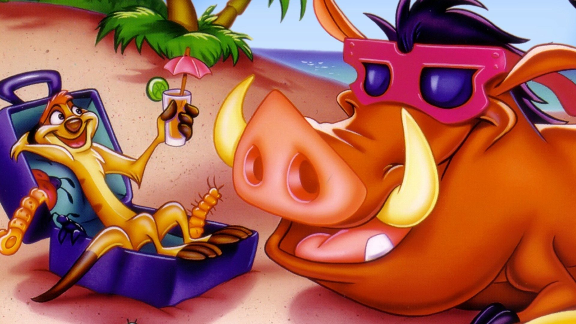 HD PC desktop wallpaper featuring Timon and Pumbaa relaxing on a beach, from the 1994 movie The Lion King.