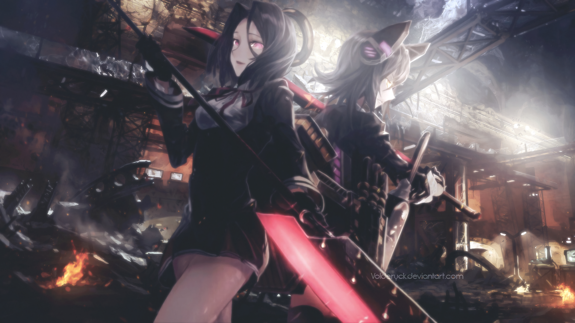 HD anime wallpaper featuring Tatsuta and Tenryuu from Kantai Collection in a dramatic, dark industrial setting with glowing red accents.