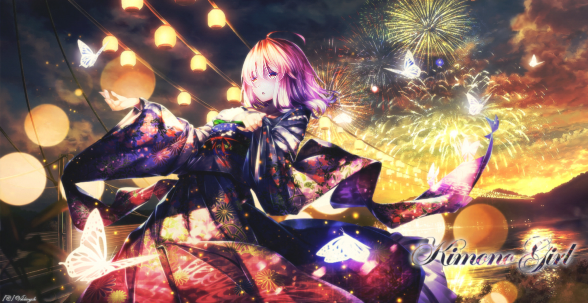 HD PC desktop wallpaper featuring Yuyuko Saigyouji from Touhou, dressed in a flowing kimono with glowing butterflies and fireworks illuminating the night sky.