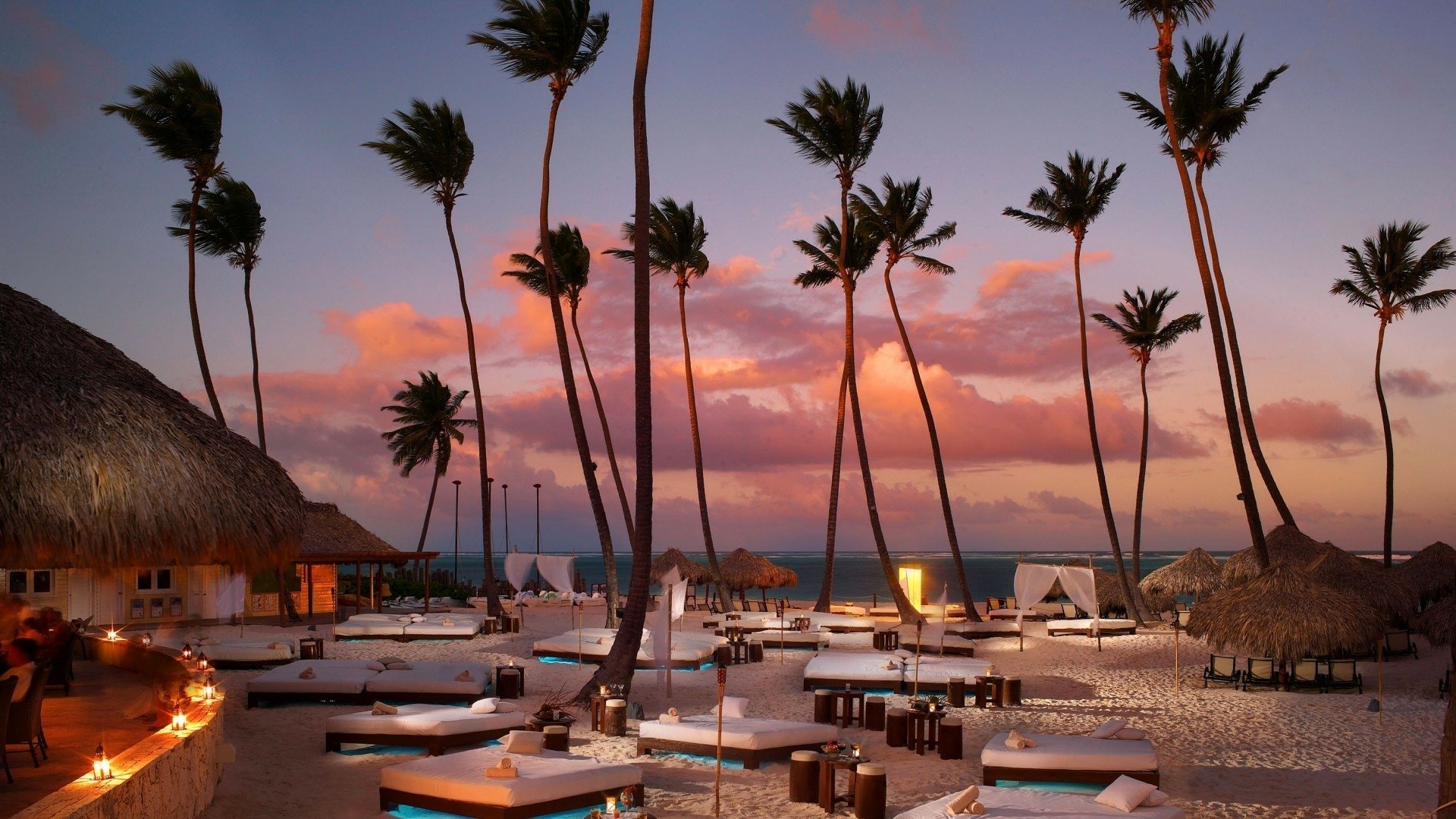 Tropical Resort Sunset: Palm Trees and Cozy Beach Chairs on Sandy ...